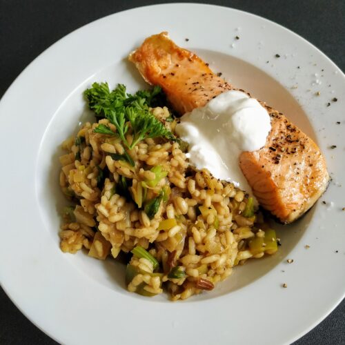 Preirisotto met zalm en zure room